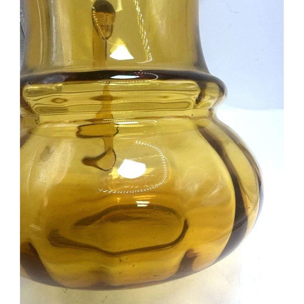VTG Pilgrim Art Glass Optic Ridges MCM Amber brown Applied Handle Pitcher 8.5 In